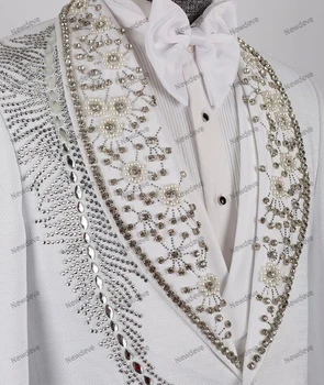 Lüks erkek Takım Elbise Özel 2 Parça Blazer Yelek Bir Düğme Şeffaf Yaka Boncuk Elmas Kristal Düğün Resmi Smokin Custom Made