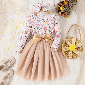 Yeni Kız askı elbise Bahar Sonbahar Uçan Kollu Uzun Kollu Çiçek Baskı Örgü Elbise Tül Patchwork parti giysileri Vestidos