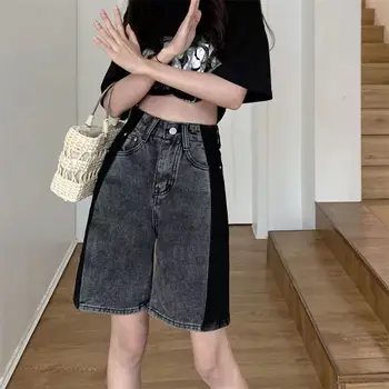 Kot şort Kadın Yaz Moda Tasarım Yüksek Bel Yarım Pantolon Gevşek Geniş bacak Kot Pantolon Siyah Gri Streetwear 5XL Artı Boyutu
