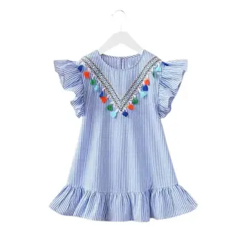 Sıcak Satış Moda Kız Yaz rahat elbise Çocuklar O-Boyun Kısa Uçan Kollu Şerit Püskül Sevimli Prenses Elbiseler Çocuk Giysileri