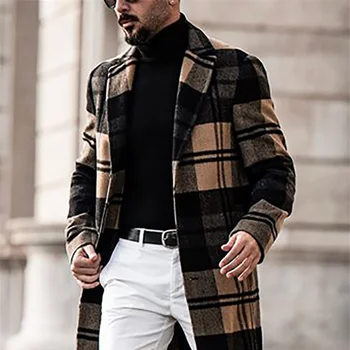 Sonbahar Kış Yeni Moda erkek Yün Palto Düz Renk Tek Göğüslü Yaka Uzun Ceket Ceket Rahat Palto Rahat Siper