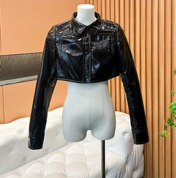 Moda Klasik Trendy Lüks Tasarım Erken Sonbahar Siyah Standı Yaka PU Kısa Ceket Üst Kat Kadın C5
