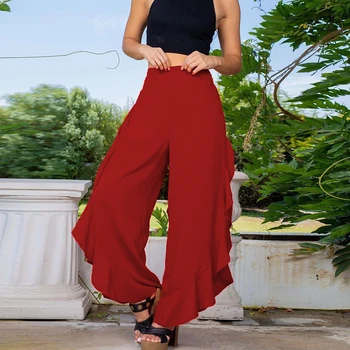Kadınlar Geniş Bacak Pantolon Yeni Düz Renk Fırfır Gevşek Pantolon İlkbahar ve Sonbahar 2023 Ayak Bileği Uzunlukta Elastik Bel Kot Polyester