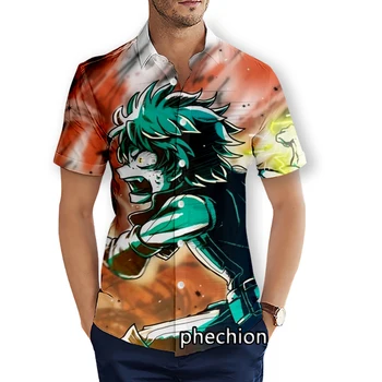 phechıon Yaz Erkek Kısa Kollu Plaj Gömlek My Hero Academia 3D Baskılı Casual Gömlek Moda Streetwear Erkekler Tops X50