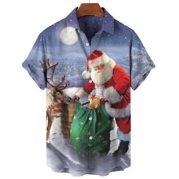 Erkek Gömlek 2023 Noel Gömlek Kısa Kollu Rahat Moda Gömlek Erkekler İçin Yaz havai gömleği Parti Erkek Giyim Tops