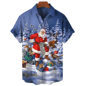 Erkek Gömlek 2023 Noel Gömlek Kısa Kollu Rahat Moda Gömlek Erkekler İçin Yaz havai gömleği Parti Erkek Giyim Tops