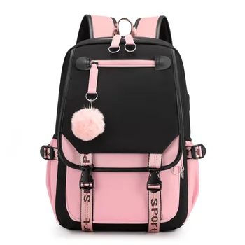 Büyük Okul Çantaları Genç Kızlar İçin USB Portu Tuval Schoolbag Öğrenci Kitap Çantası Moda Siyah Pembe Genç okul sırt çantası