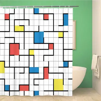 Banyo Duş Perdesi Mondrian Soyut Geometrik Desen Retro Modern Stil Tasarım 80S Polyester Kumaş 72x72 inç