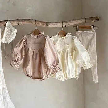 Sonbahar Yeni Bebek Kız Uzun Kollu Bodysuit Pamuk Katı Bebek Çiçek Nakış Tulum Toddler Kız Prenses Onesies Giysileri