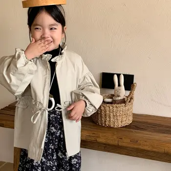 Kız Ceket 2023 Yeni Sonbahar Çocuk Butik Giyim Kore Moda Dantel Yaka Rahat İpli Fermuar Düz Renk Basit