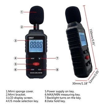 Dijital Ses Seviyesi Ölçer Gürültü Test Cihazı Ses Dedektörü Desibel Monitör 30-130dB Ses Ölçüm Cihazı Alarm Desibel